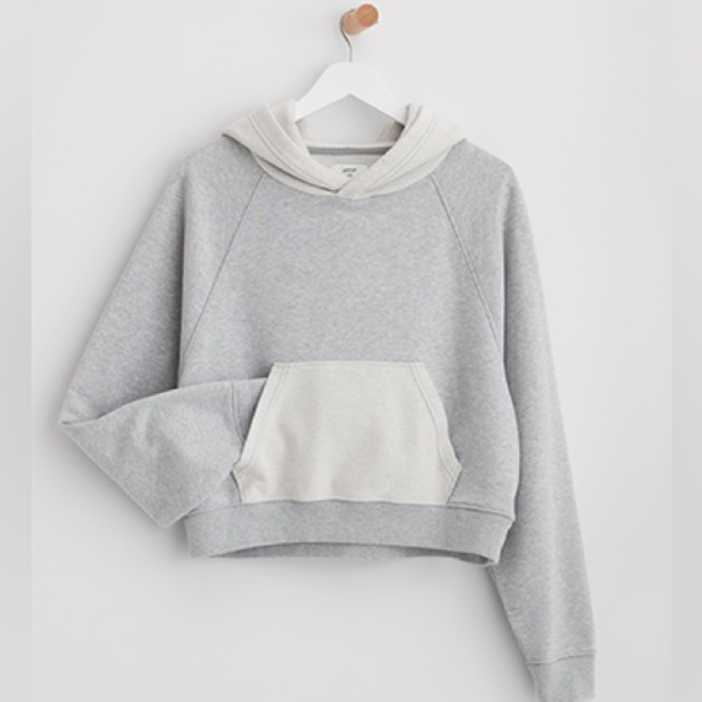 Aerie Luxe Inside Out Grey & White Cozy Cropped Hoodie Sweatshirt Size Medium